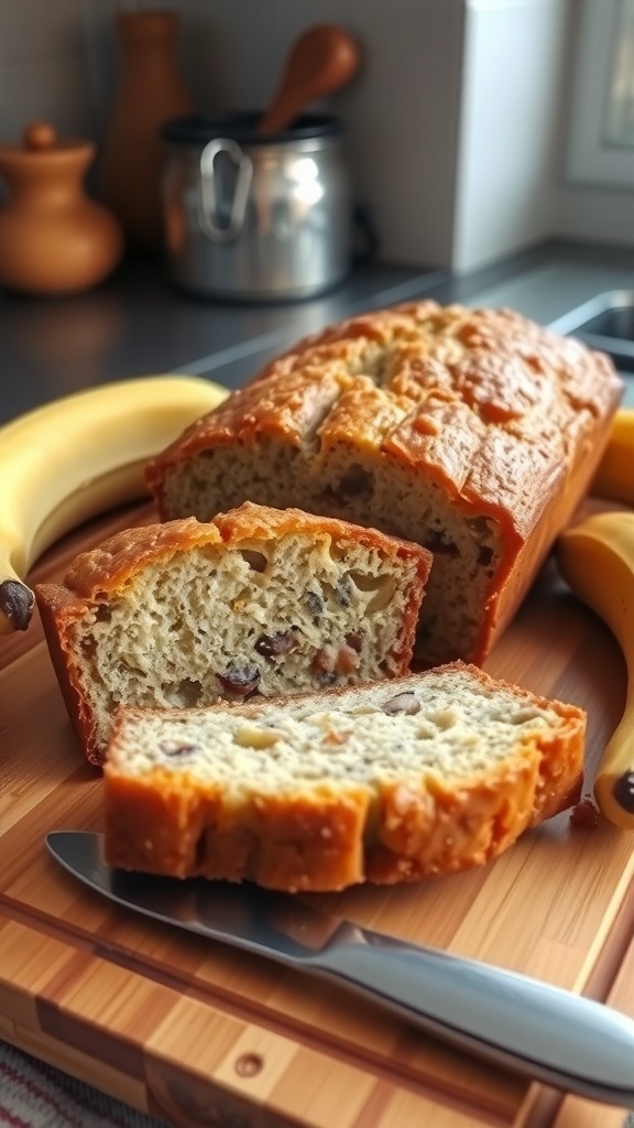 A loaf of banana bread sliced on a cutting board with ripe bananas beside it.